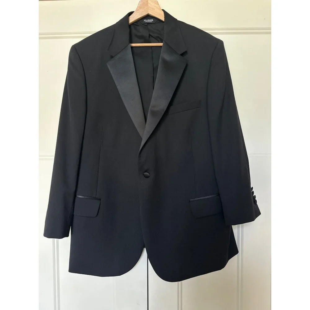Jos A Bank Tuxedo Jacket Mens 46‎ Short Wool Travelers Black Satin Lapel